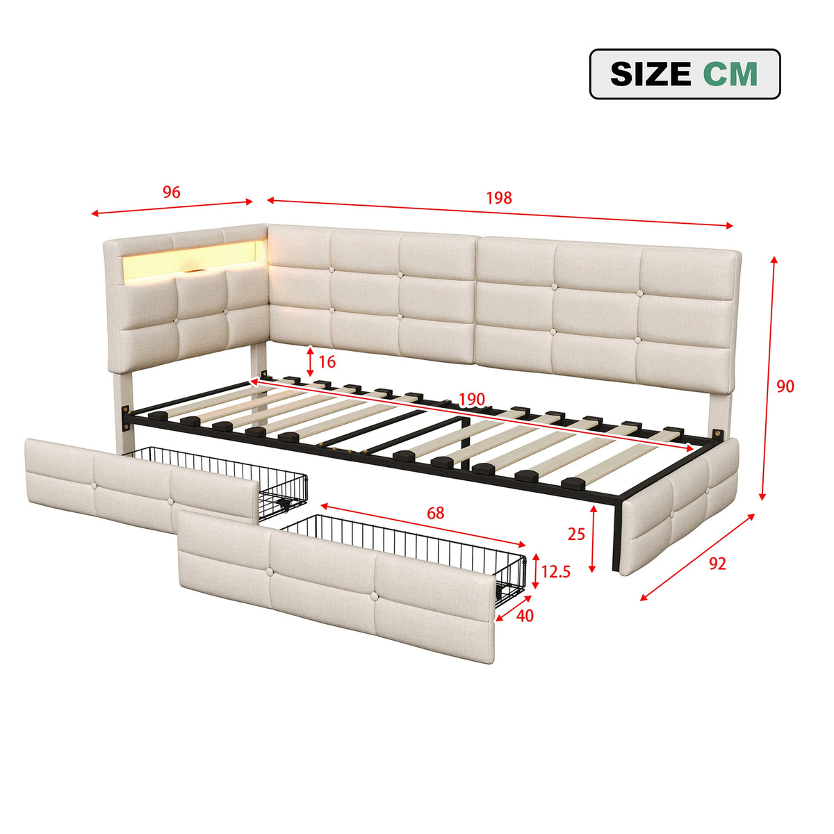 Upholstered Bed, 90x190 cm (3 ft), with 2 Drawers, Storage Compartment, Charging Station  and LED Strip; Guest Bed and Daybed; Suitable for Teens and Adults; Linen Fabric; Mattress Not Included; Beige
