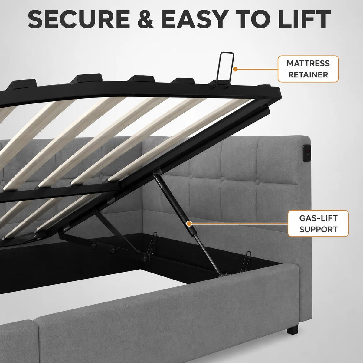 Single Bed 90x190 cm with Gas-Lift Storage, Floating Look and Metal Accents, Guest Bed and Daybed, Suitable for Adults and Children, without Mattress, in Grey Velvet Upholstery