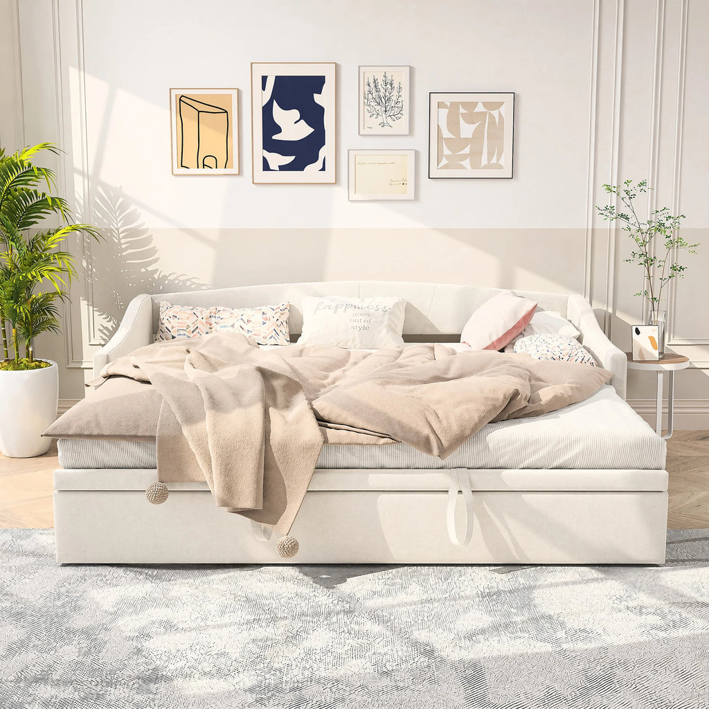 Daybed 90x190 cm, pull-out, sofa and guest bed, suitable for adults, children and teenagers, with beige velvet upholstery, without mattress