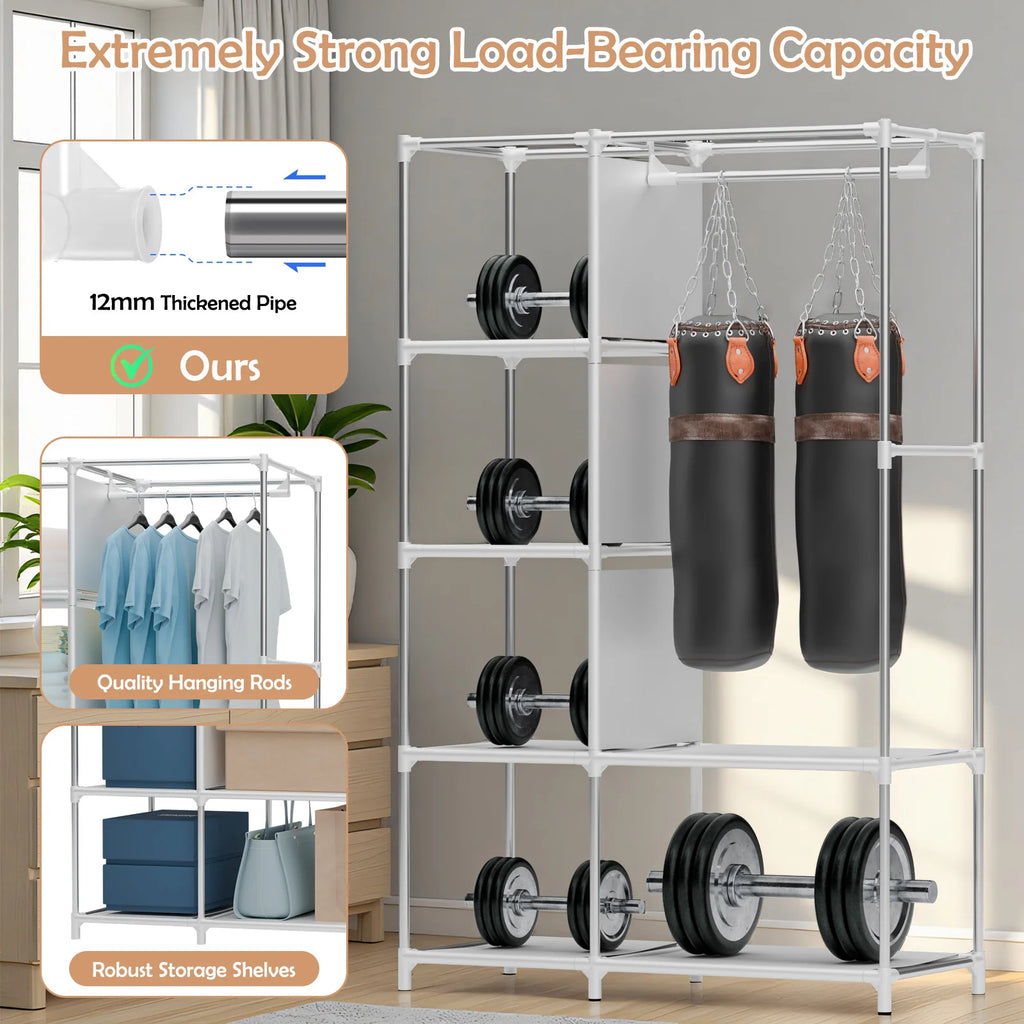Portable Wardrobe Closet Organizer with Cover Non-Woven Steel Tube Frame 6 Shelves 2 Side Pockets 12mm Easy Assembly for Bedroom