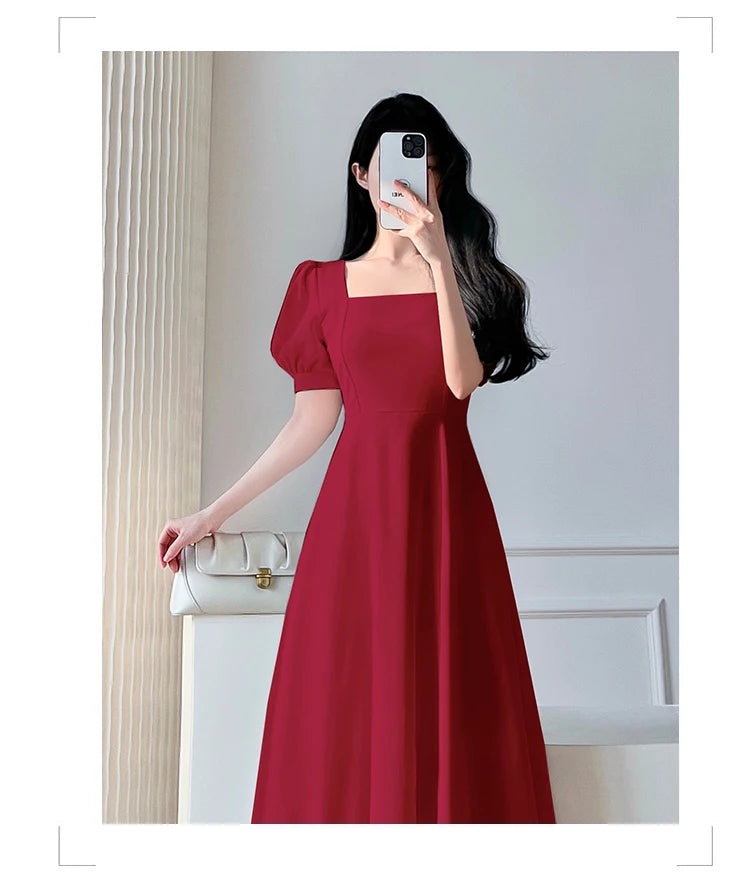 Retro women's long dress party ball bubble sleeves square collar temperament slim fit long dress summer clothing