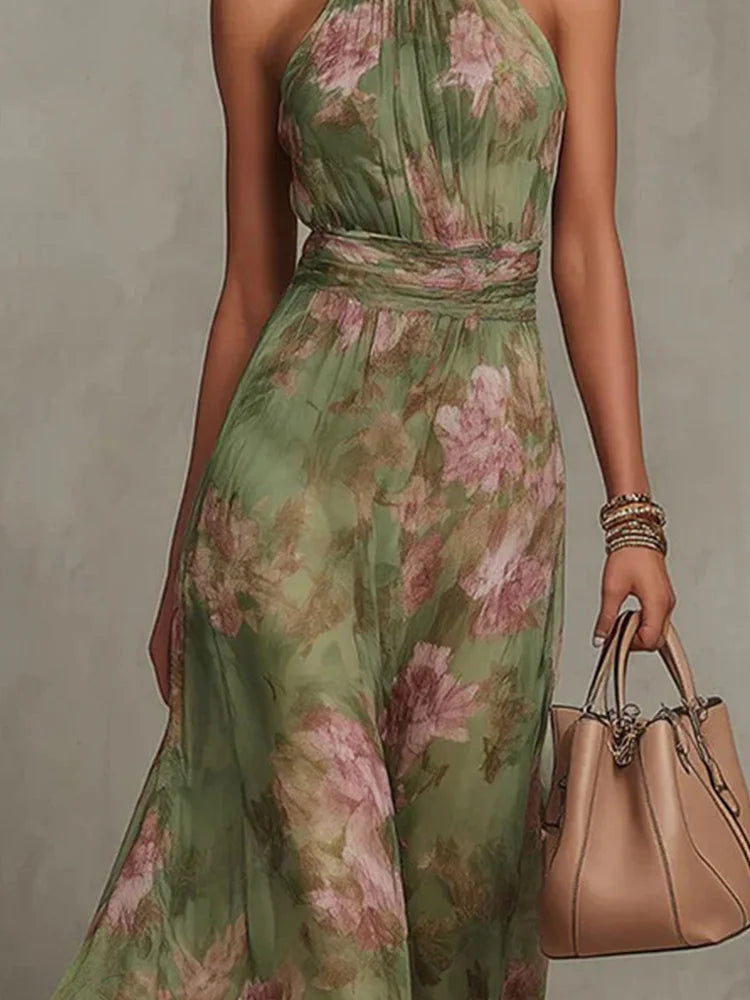DFCF Fashion Sleeveless High Neck Ruched Waist Chiffon Flowy Evening Party Dress 2026 New Women Floral Print Halter Maxi Dress