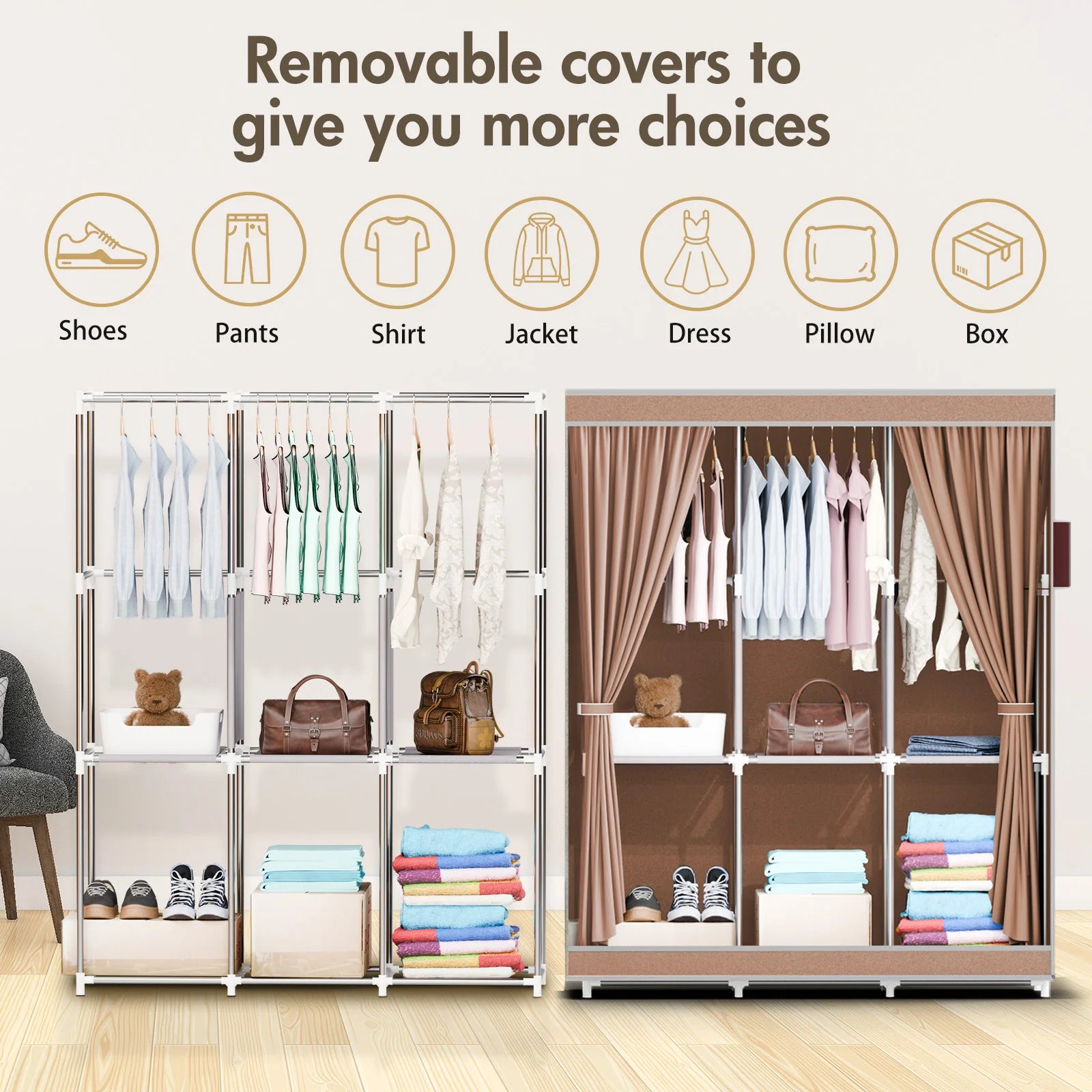 51-Inch Portable Closet Wardrobe 16mm Thick Pipe Clothing Storage Rack Organizer Non-Woven Fabric Cover for Bedroom Clothes Rail