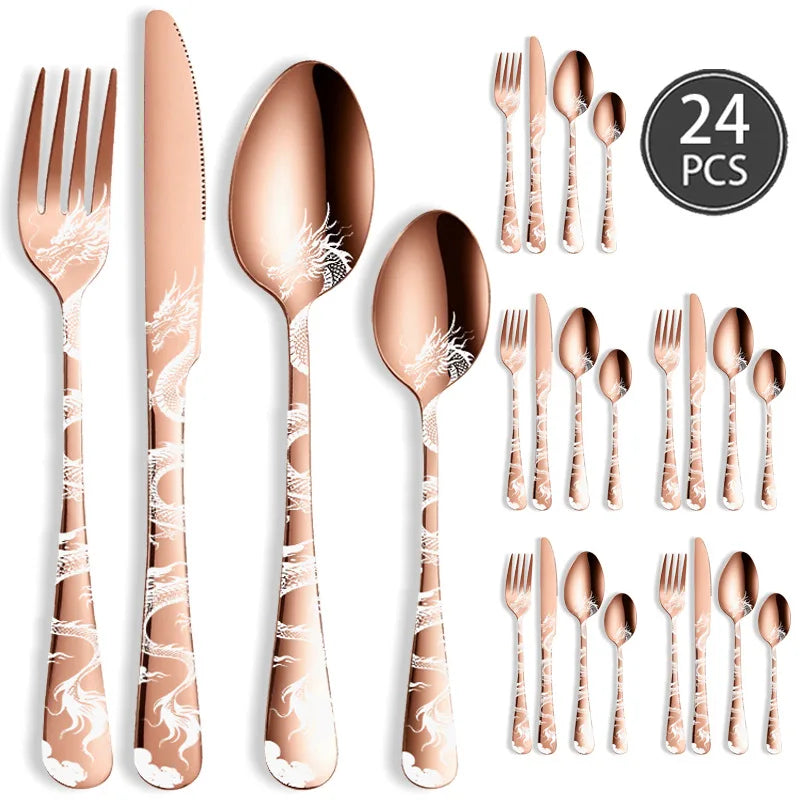24/16 Pcs Premium Cutlery Set Laser Engraved Dragon Pattern Dinner Knife Fork Spoon Teaspoon for Festival Gifting Camping