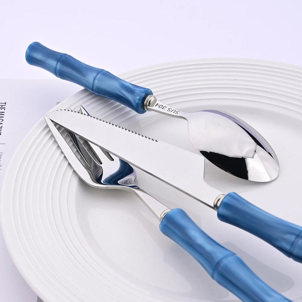 4Pcs Imitation Bamboo Handle Dinnerware Set Knife Fork Spoon Tableware Set Stainless Steel Cutlery Kitchen Flatware