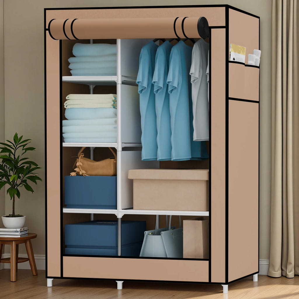 Portable Wardrobe Closet Organizer with Cover Non-Woven Steel Tube Frame 6 Shelves 2 Side Pockets 12mm Easy Assembly for Bedroom