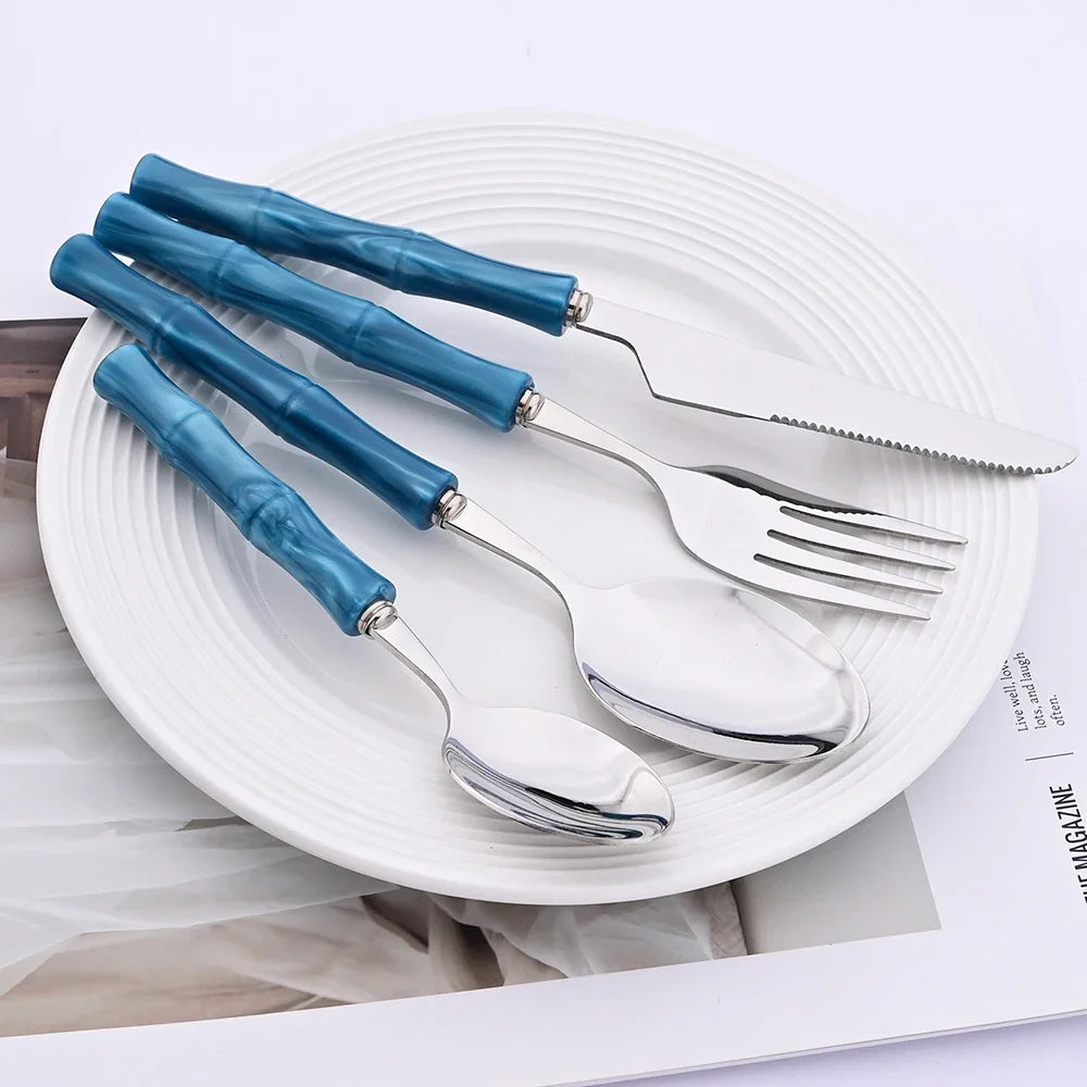 4Pcs Imitation Bamboo Handle Dinnerware Set Knife Fork Spoon Tableware Set Stainless Steel Cutlery Kitchen Flatware