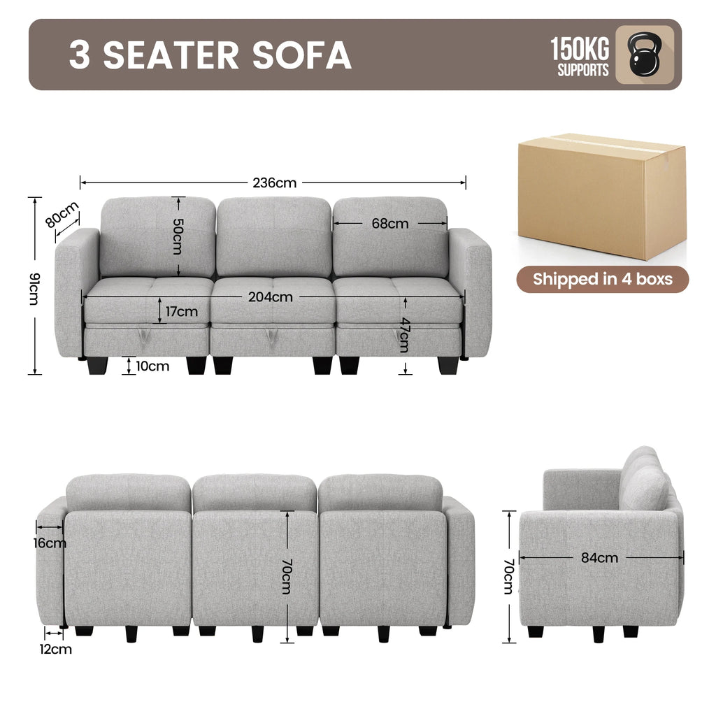 Fabric Modular Sofas with Upholstered Cushion and Removable Back Cushion Covers, Modern Sectional Sofa for Living Room