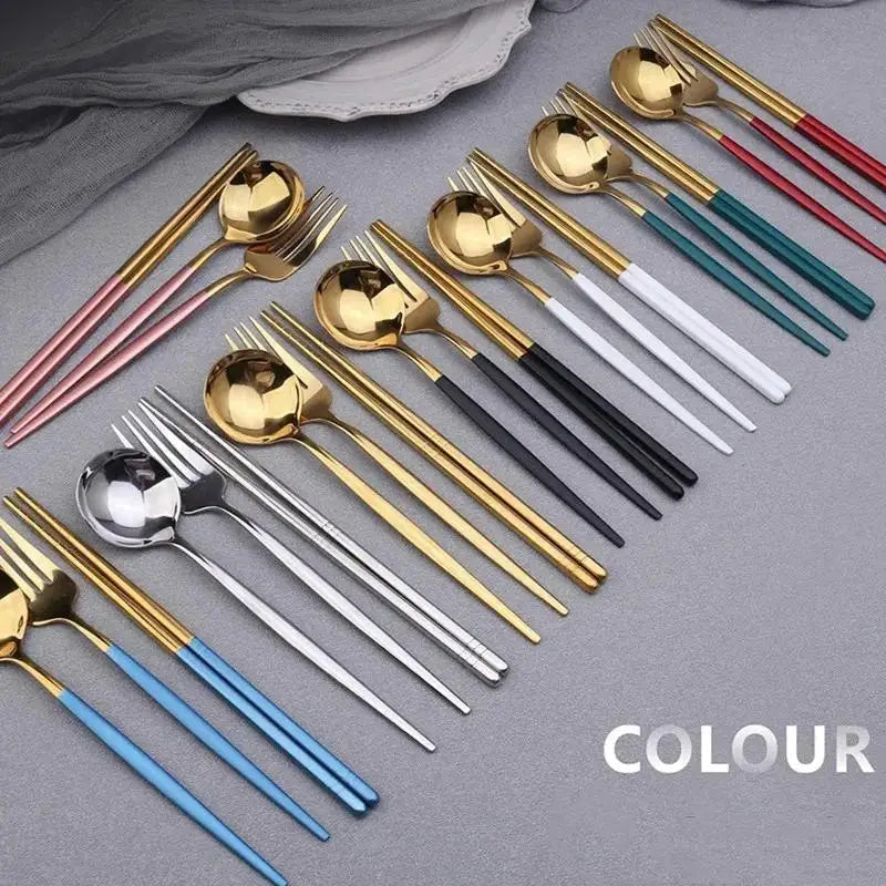 Portable Stainless Steel Spoon Fork Chopsticks Cutlery Set With Storage Box Travel Tableware For Coffee Fruit Dessert Snack
