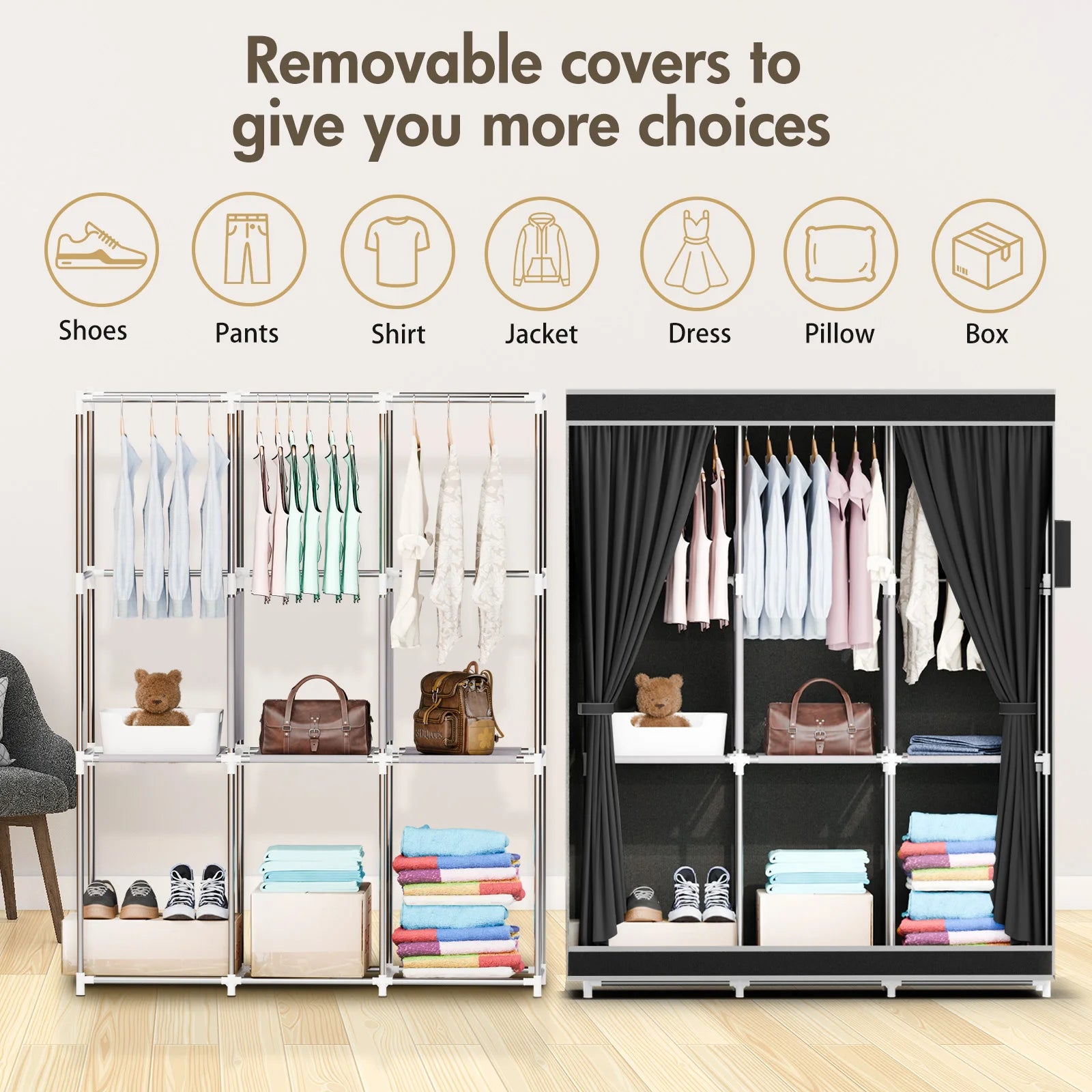 51-Inch Portable Closet Wardrobe 16mm Thick Pipe Clothing Storage Rack Organizer Non-Woven Fabric Cover for Bedroom Clothes Rail