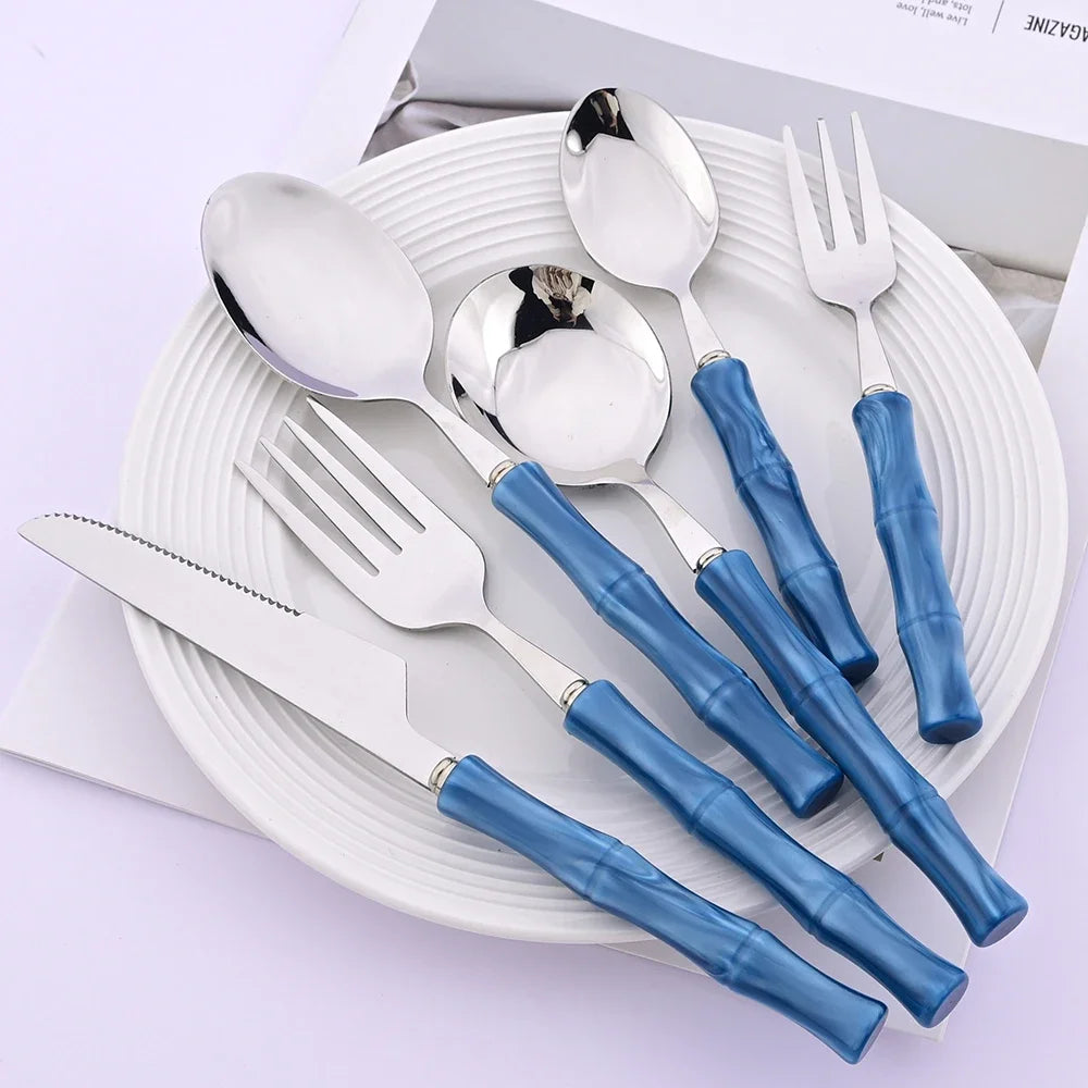 4Pcs Imitation Bamboo Handle Dinnerware Set Knife Fork Spoon Tableware Set Stainless Steel Cutlery Kitchen Flatware