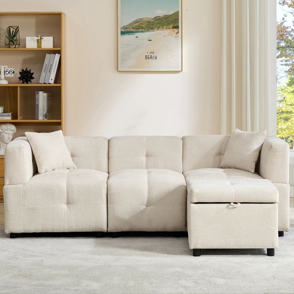 PINOOG L-Shaped Couch Sofa, Corner Sofa 3 Seater Sofa, Sectional Sofa Couches With USB, Cup Holder, For Apartment Living Room (Beige)