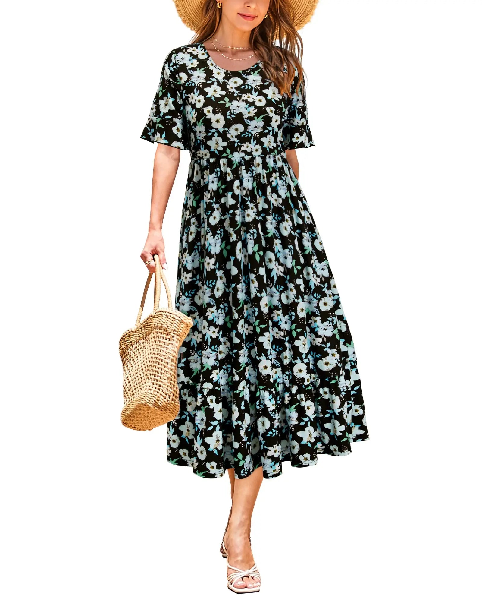 Women Summer Dress Floral Short Sleeve Casual Swing Midi Dress With Pockets