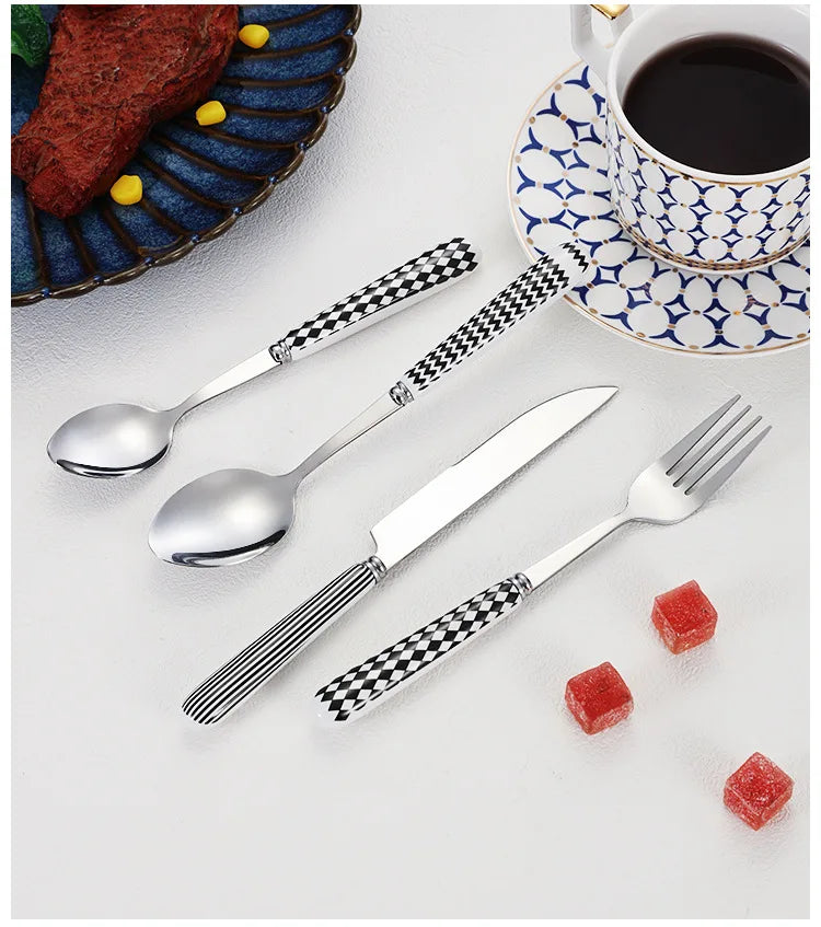 Korean Dotted Retro Stainless Steel Tableware 4-Piece Set, Western Steak Fork & Butter Spoon Household Dinner Cutlery Set