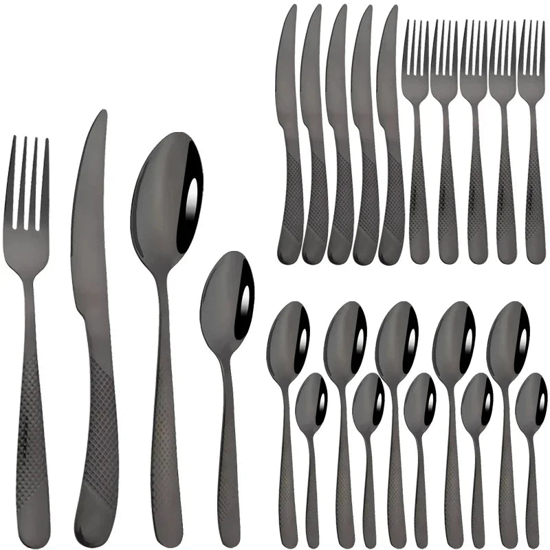24Pcs Cutlery Set Stainless Steel Knife Fork Spoon Dinnerware Western Tableware Set Kitchen Flatware Dinner Silverware Table Set