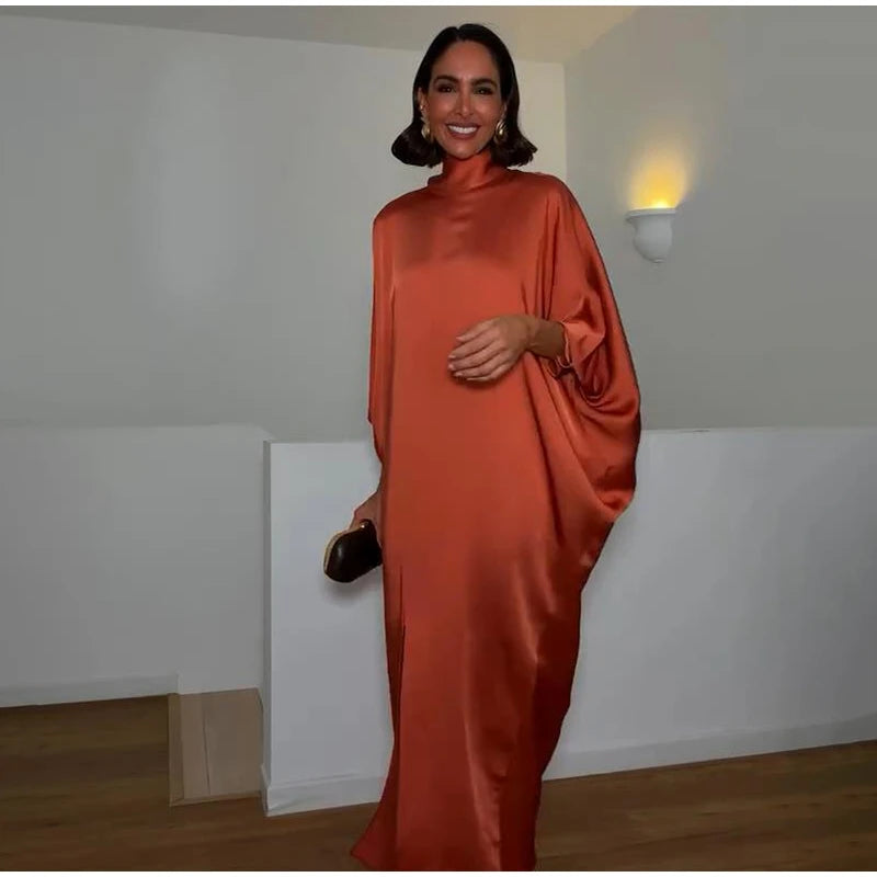 Solid Satin Maxi Dress Women Chic High Neck Batwing Sleeve Front Slit Loose Fit Dresses 2026 Summer Elegant Evening Party Gown
