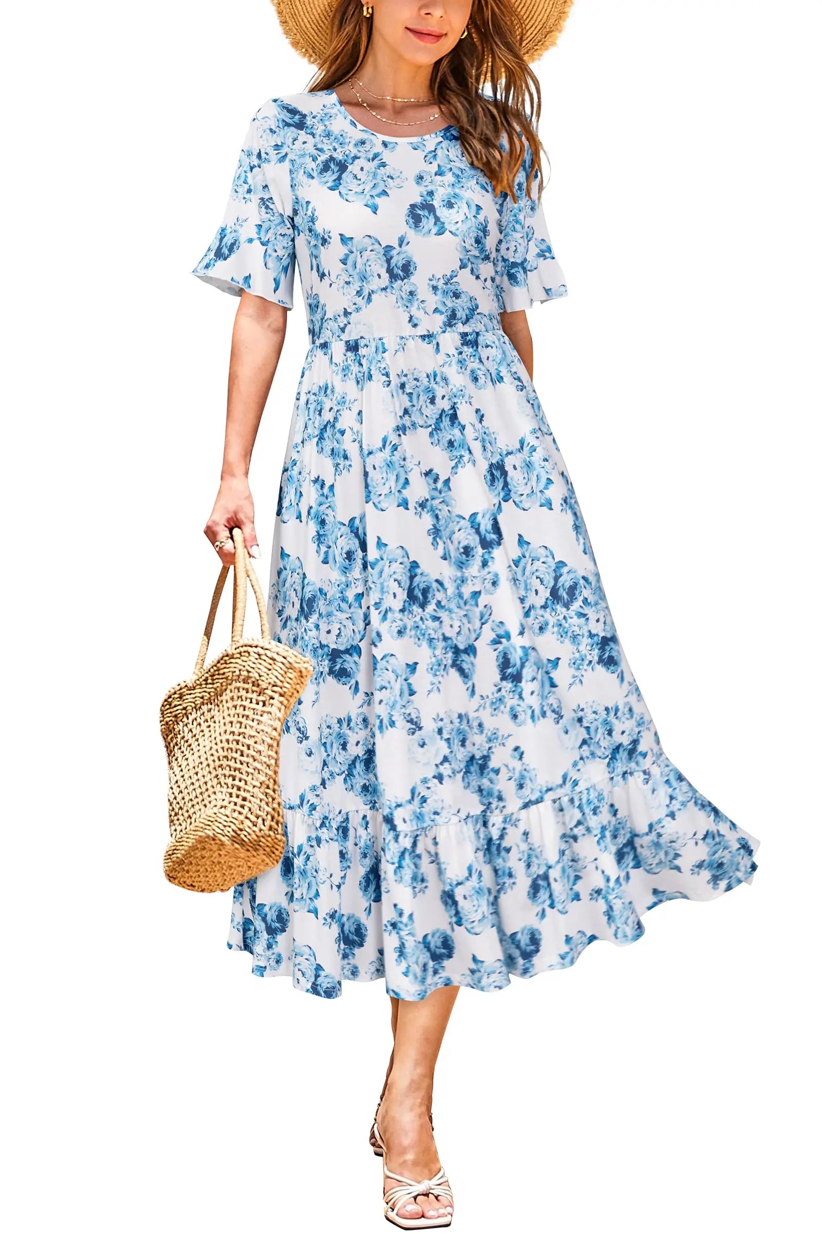 Women Summer Dress Floral Short Sleeve Casual Swing Midi Dress With Pockets