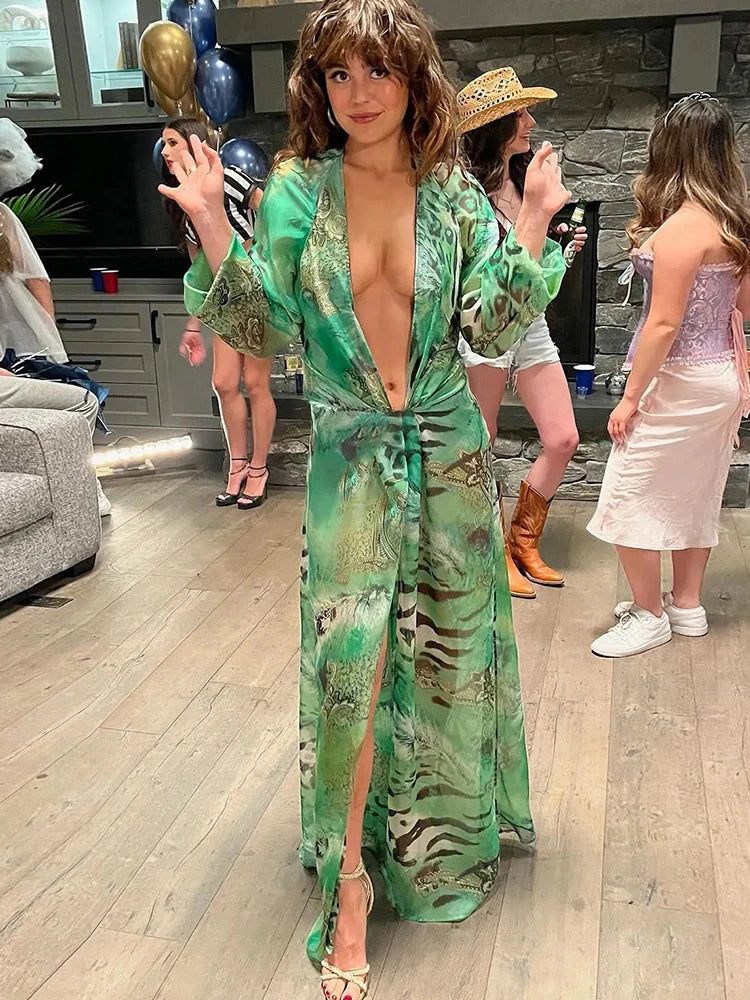 Sisterlinda Backless Long Dress Woman Autumn Trend Deep V-Neck Tiger Stripe Print Lantern Sleeve Beach Party Elegant Vestidos