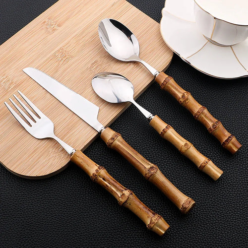16pcs Cutlery Set Stainless Steel Natural Bamboo Handle Dinnerware Kitchen Flatware Includes Forks Spoons Knives Tableware