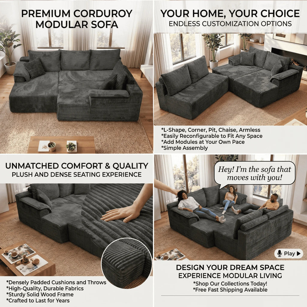 U-shaped Modular Canvas Sofa - Modern Living Room Design - Comfortable - No Assembly Required - Frameless Combination Sofa
