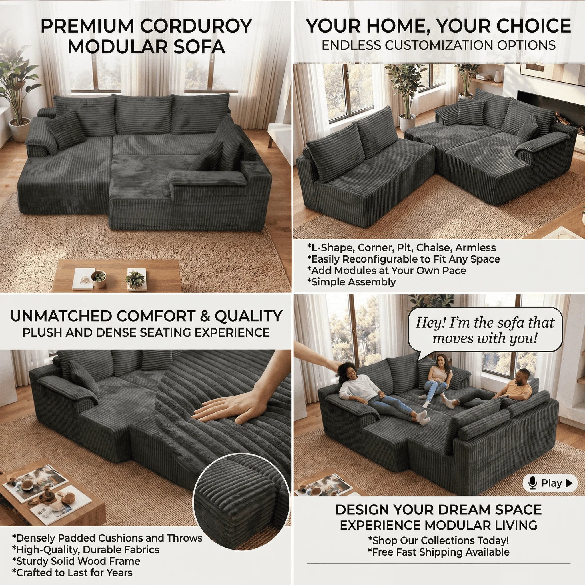 U-shaped Modular Canvas Sofa - Modern Living Room Design - Comfortable - No Assembly Required - Frameless Combination Sofa
