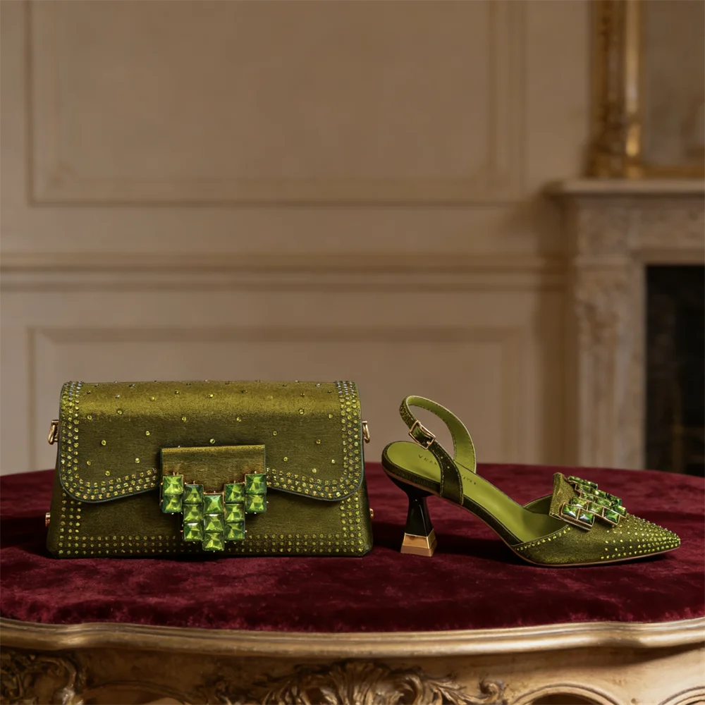 2026 INS Italian Design Olive Green Rhinestone Pointed-Toe Women's High Heels & Matching Bag Set - Ideal for Parties & Weddings