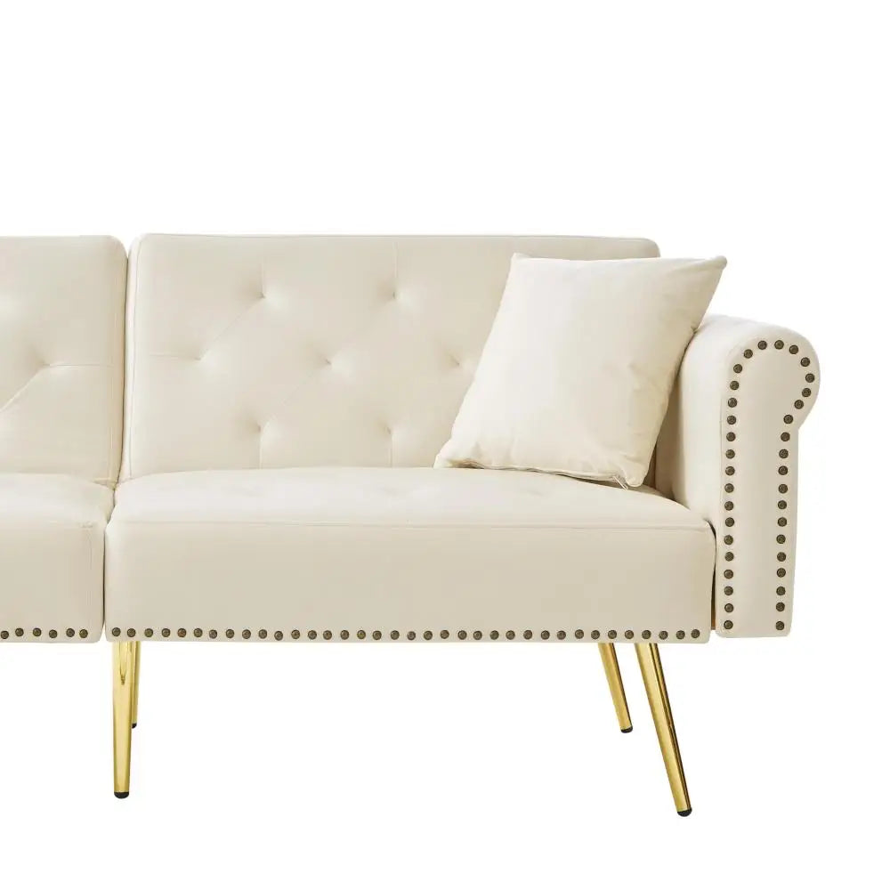 PINGGO Modern 2-Seater Sofa Bed – Velvet Upholstery, 3-Stage Adjustable Backrest & Gold-Plated Metal Feet Stylish Sofa