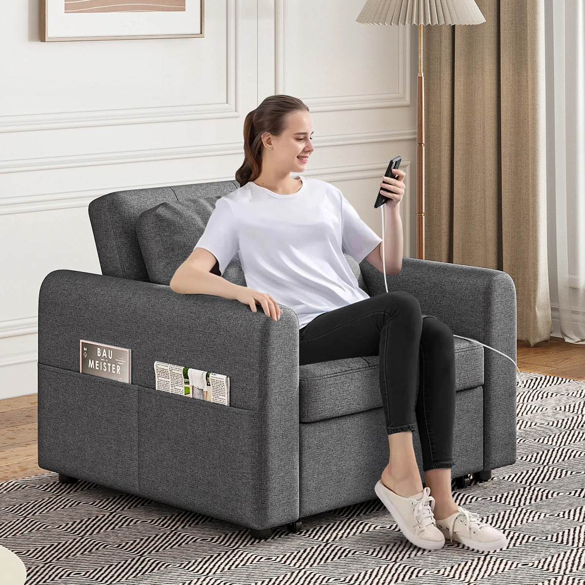 Single Sofa Bed, 3-in-1 Convertible Pull Out Sleeper Sofa Bed Chair with USB Ports & Side Pocket for Living Room, Guest Room