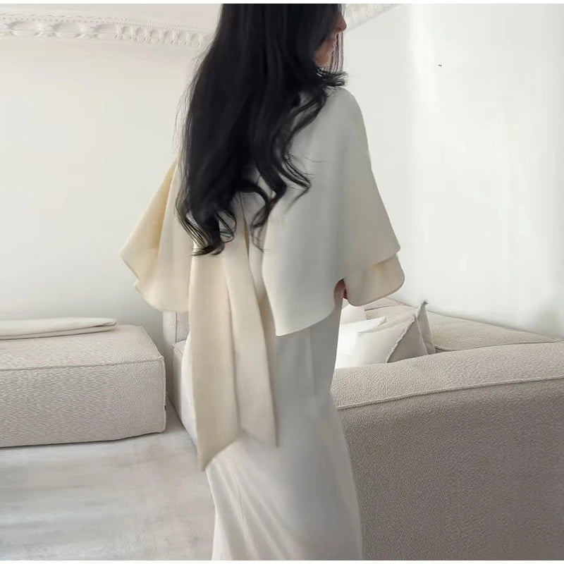 Solid Satin Maxi Dress Women Chic High Neck Batwing Sleeve Front Slit Loose Fit Dresses 2026 Summer Elegant Evening Party Gown