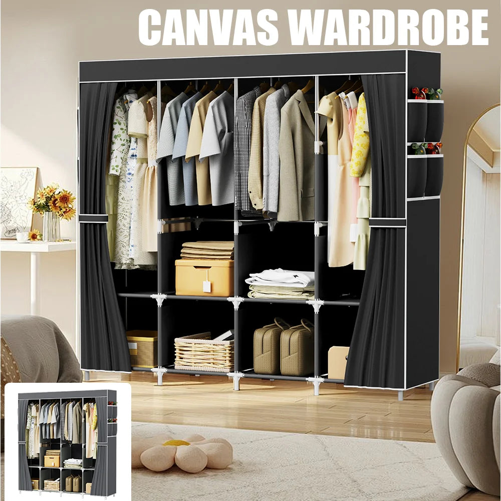 170*45*170cm Canvas Wardrobe Clothes Closet Organizer Portable Storage Cupboard for Bedroom Fabric Closet Dust-proof Storage