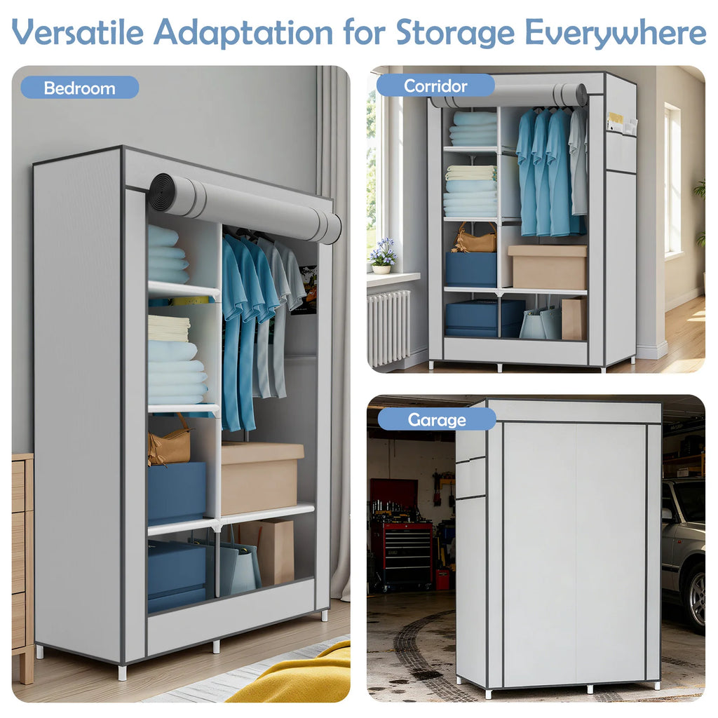 Portable Wardrobe Closet Organizer with Cover Non-Woven Steel Tube Frame 6 Shelves 2 Side Pockets 12mm Easy Assembly for Bedroom