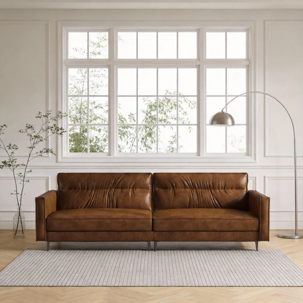 Medieval Style Artificial Oil Wax Leather Sofa 220CM Traditional Period Furniture Design for Home Living Room