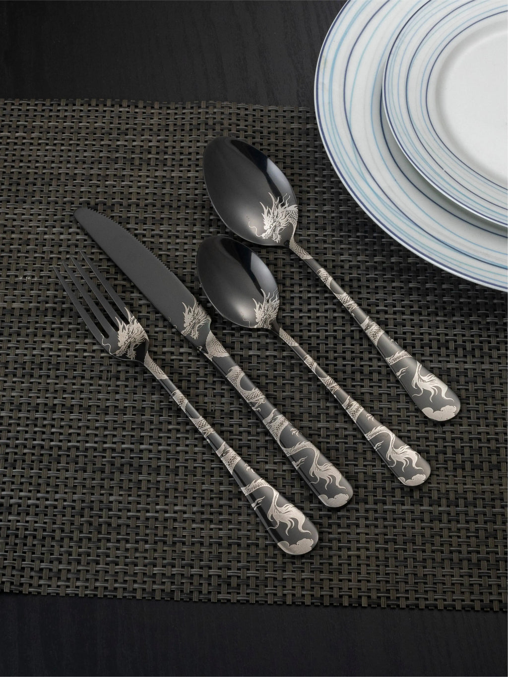 24/16 Pcs Premium Cutlery Set Laser Engraved Dragon Pattern Dinner Knife Fork Spoon Teaspoon for Festival Gifting Camping