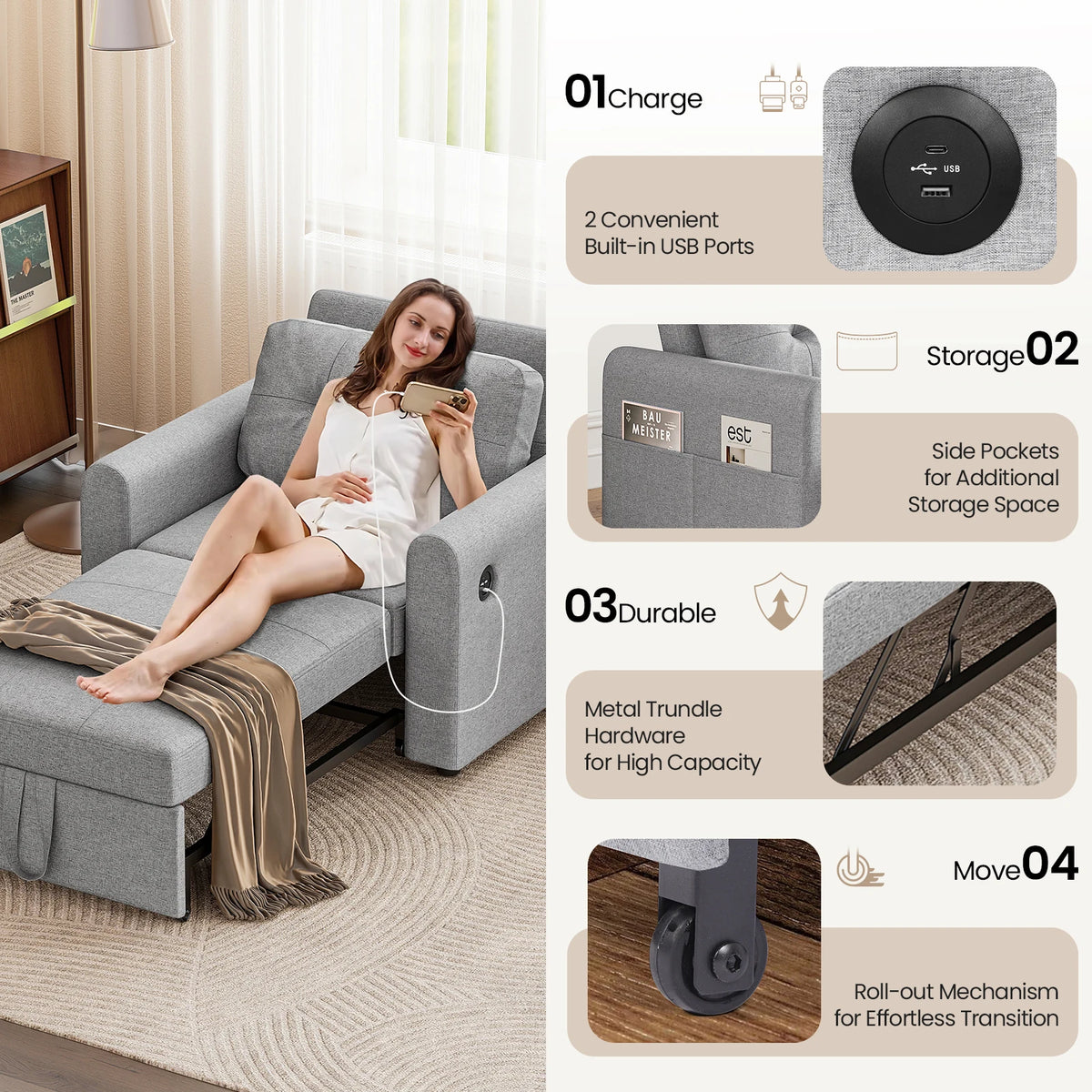 Single Sofa Bed, 3-in-1 Convertible Pull Out Sleeper Sofa Bed Chair with USB Ports & Side Pocket for Living Room, Guest Room