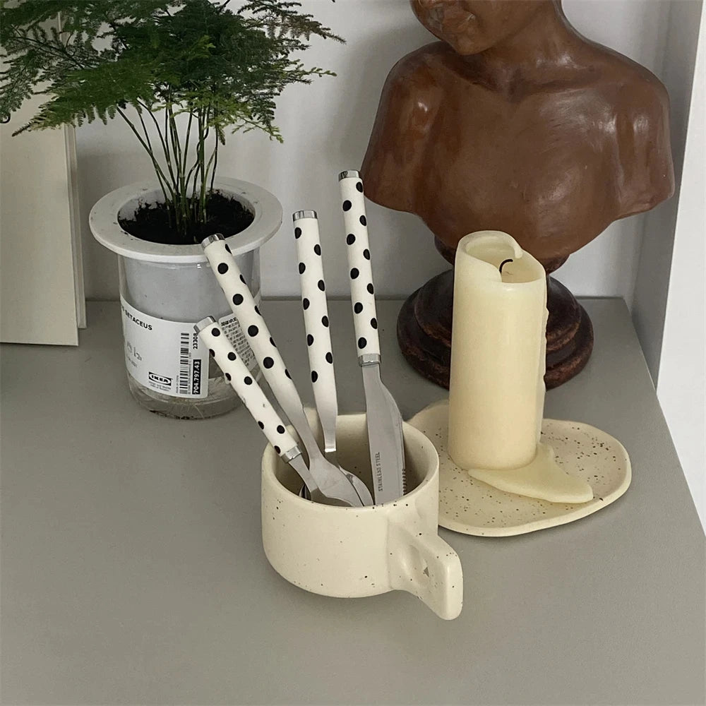 Korean Dotted Retro Stainless Steel Tableware 4-Piece Set, Western Steak Fork & Butter Spoon Household Dinner Cutlery Set