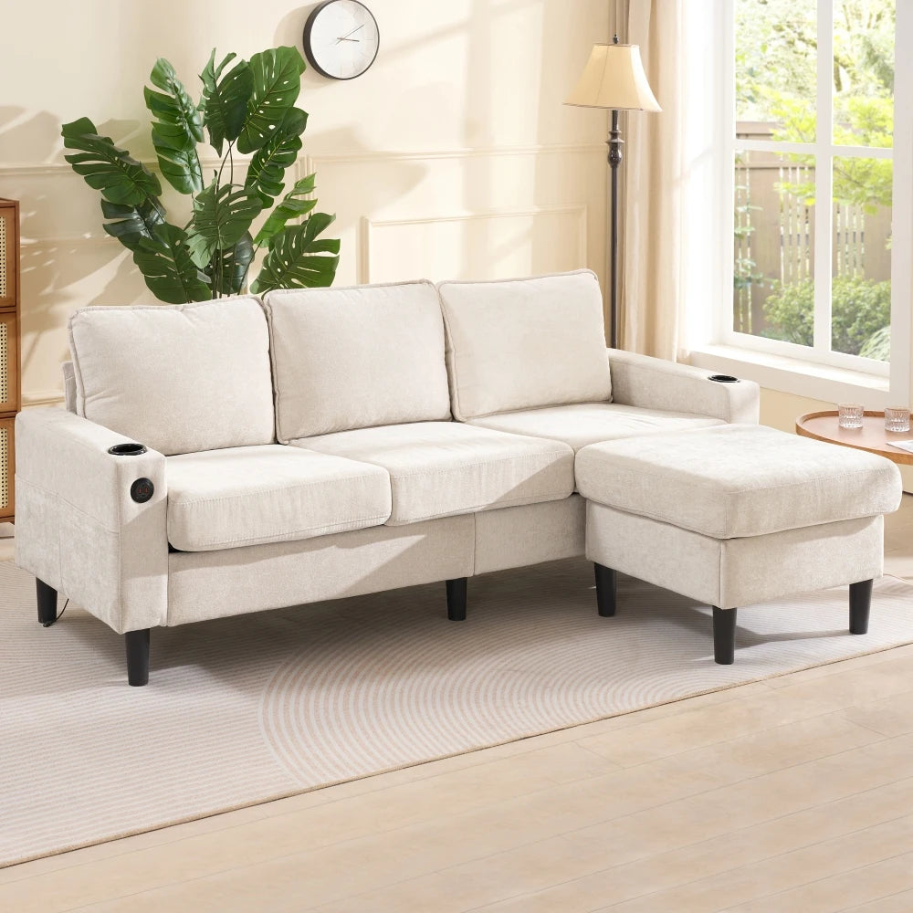 PINOOG L-Shaped Couch Sofa, Corner Sofa 3 Seater Sofa, Sectional Sofa Couches With USB, Cup Holder, For Apartment Living Room (Beige)