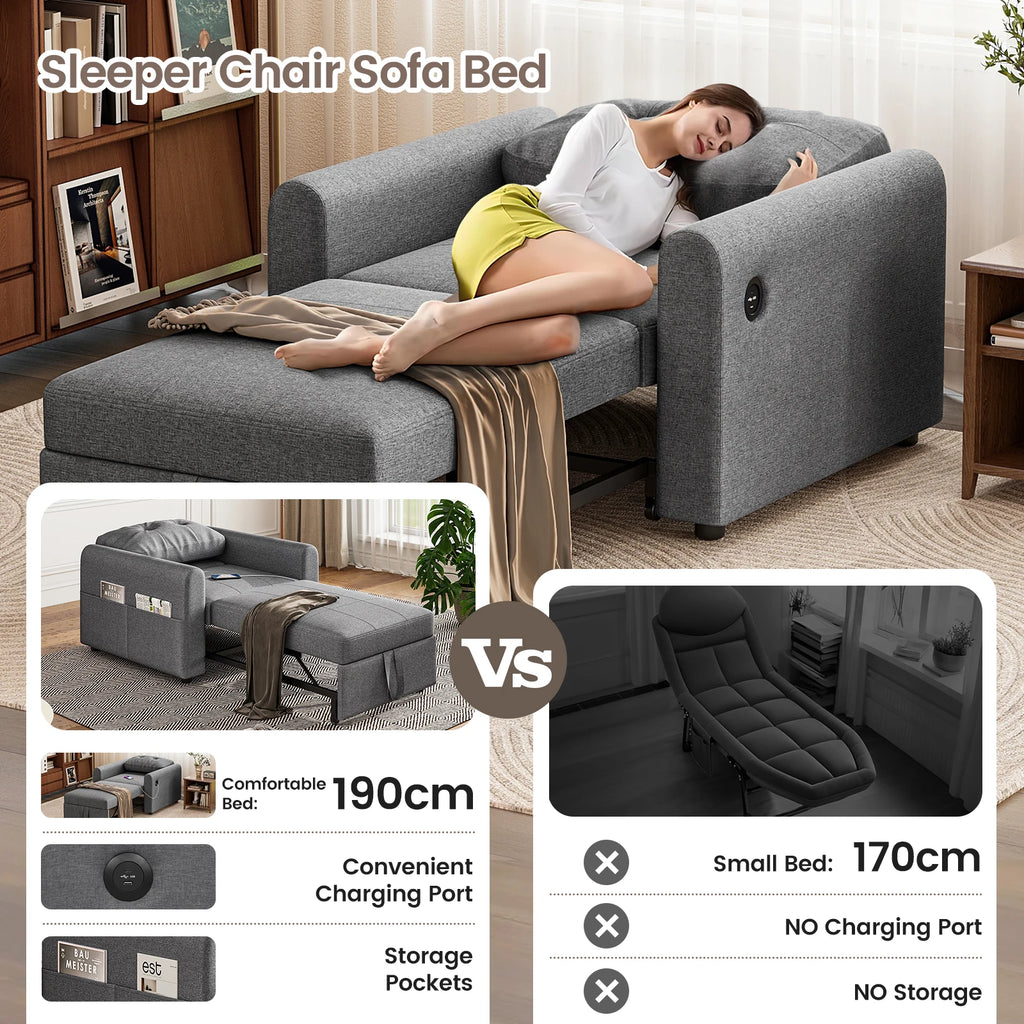 Single Sofa Bed, 3-in-1 Convertible Pull Out Sleeper Sofa Bed Chair with USB Ports & Side Pocket for Living Room, Guest Room