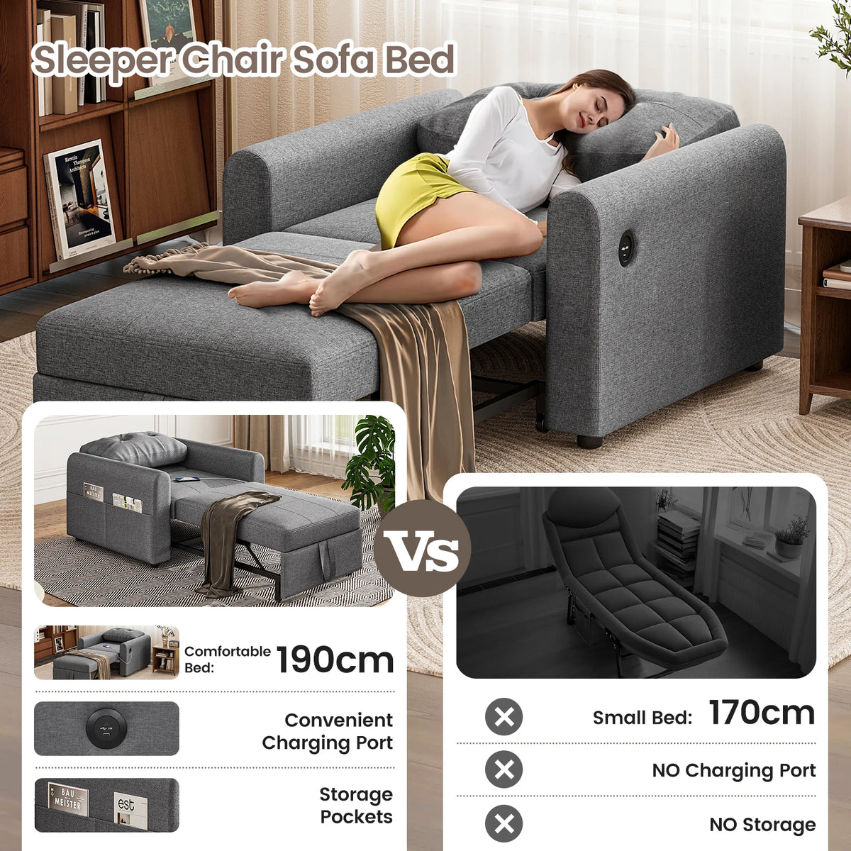 Single Sofa Bed, 3-in-1 Convertible Pull Out Sleeper Sofa Bed Chair with USB Ports & Side Pocket for Living Room, Guest Room