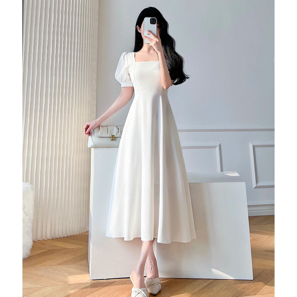 Retro women's long dress party ball bubble sleeves square collar temperament slim fit long dress summer clothing
