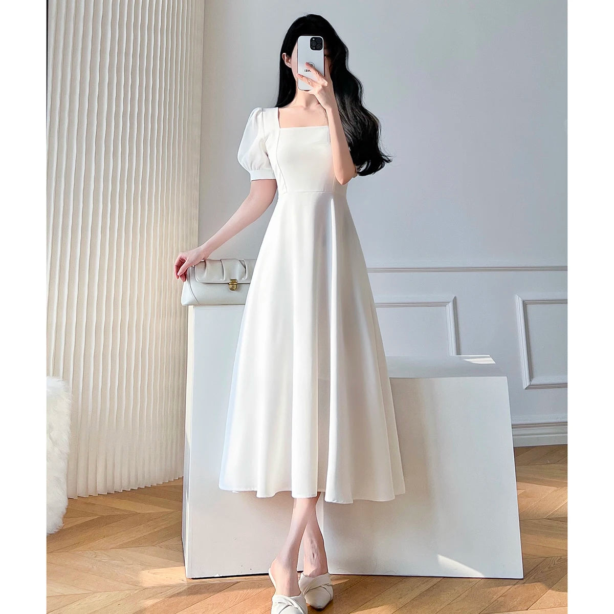 Retro women's long dress party ball bubble sleeves square collar temperament slim fit long dress summer clothing