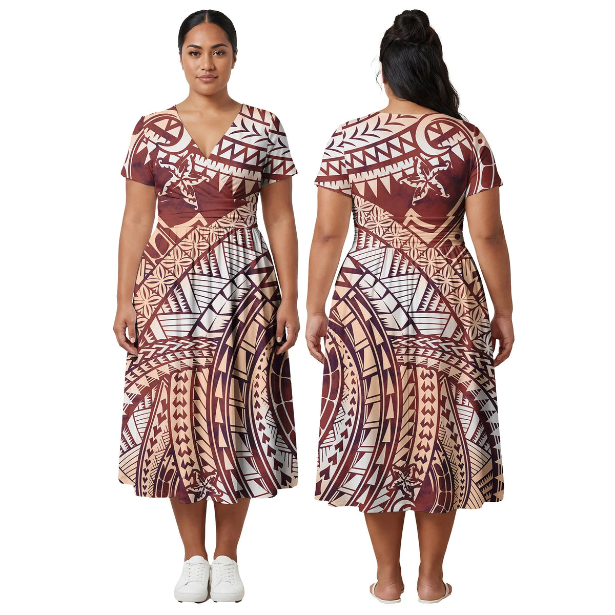 Custom Ladies Clothes Polynesian Midi Skirts Hawaiian Island Side Zipper Design Dress Samoan Women Tribal Short Sleeve Dresses