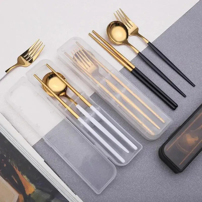 Portable Stainless Steel Spoon Fork Chopsticks Cutlery Set With Storage Box Travel Tableware For Coffee Fruit Dessert Snack
