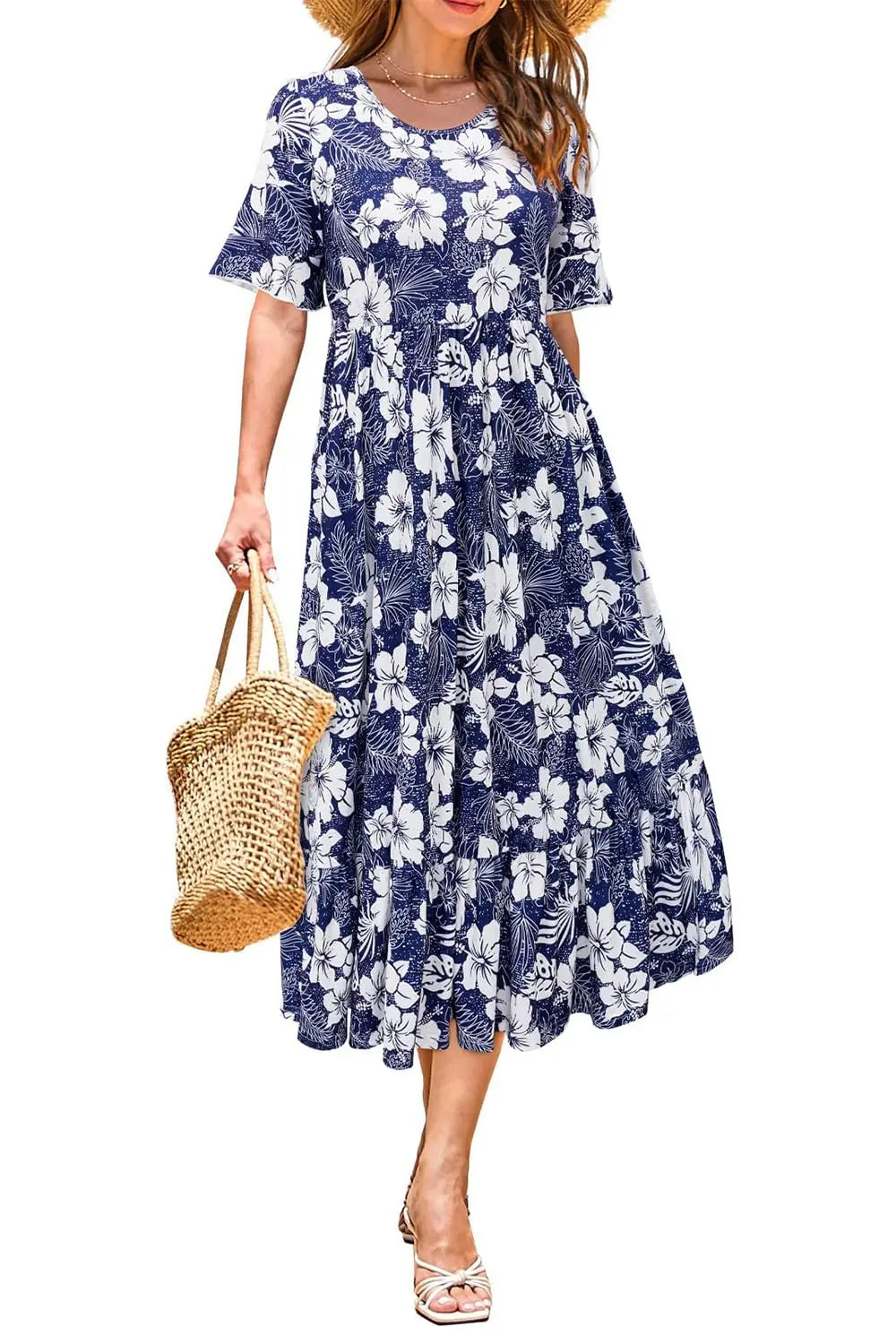 Women Summer Dress Floral Short Sleeve Casual Swing Midi Dress With Pockets