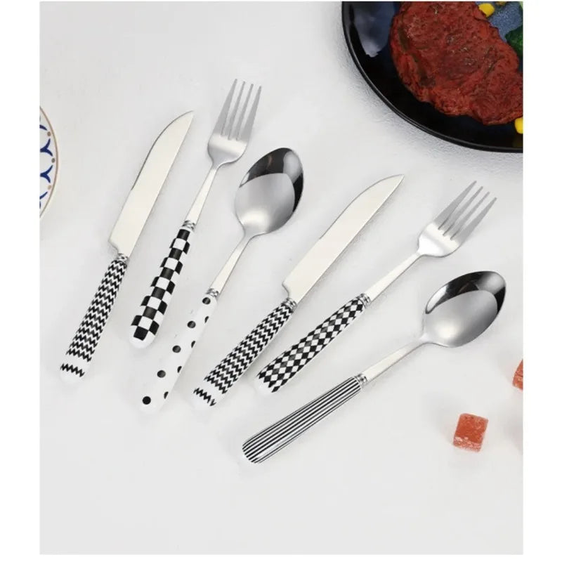 Korean Dotted Retro Stainless Steel Tableware 4-Piece Set, Western Steak Fork & Butter Spoon Household Dinner Cutlery Set