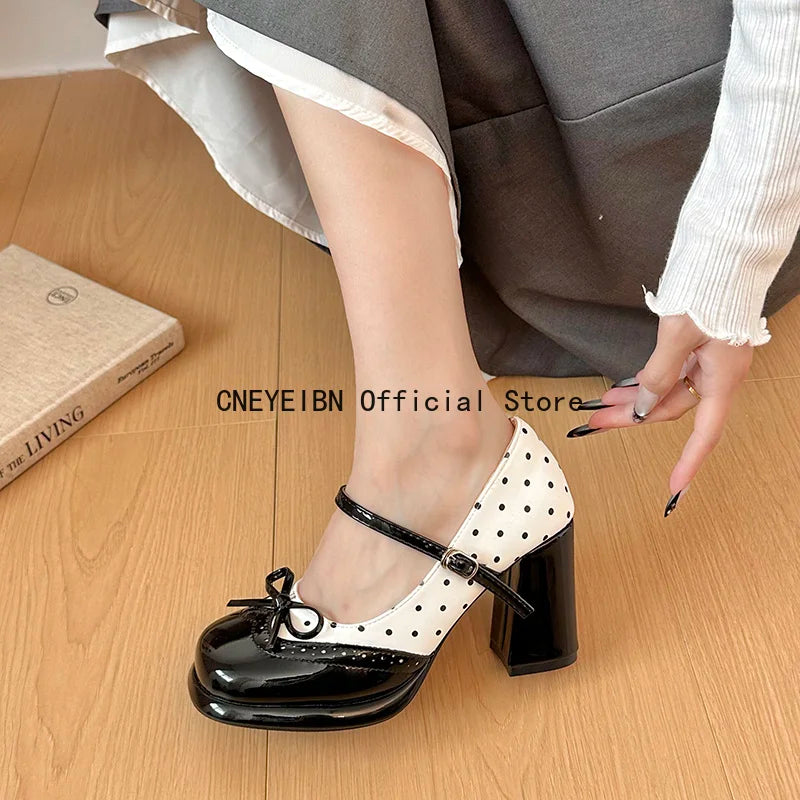Platform Block Heels Polka Dot Women Mary Jane Shoes Concise Ankle Strap Shoes Spring Women's Elegant Butterfly-knot Dress Pumps