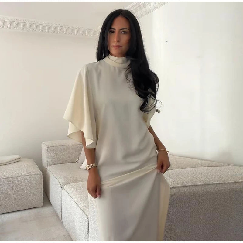Solid Satin Maxi Dress Women Chic High Neck Batwing Sleeve Front Slit Loose Fit Dresses 2026 Summer Elegant Evening Party Gown