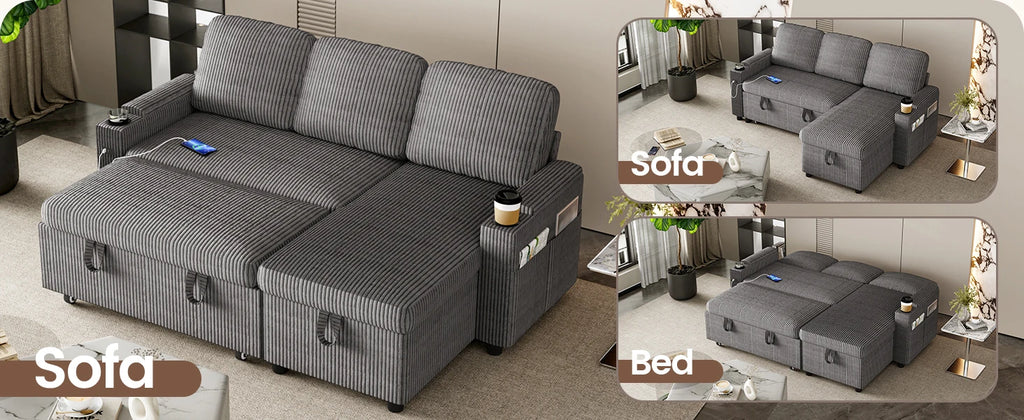 Sofa Bed, L-Shaped Sleeper Sectional Couch Bed,2-in-1 Convertible Pull Out Corner Sofa with Storage, USB, Cup Holder
