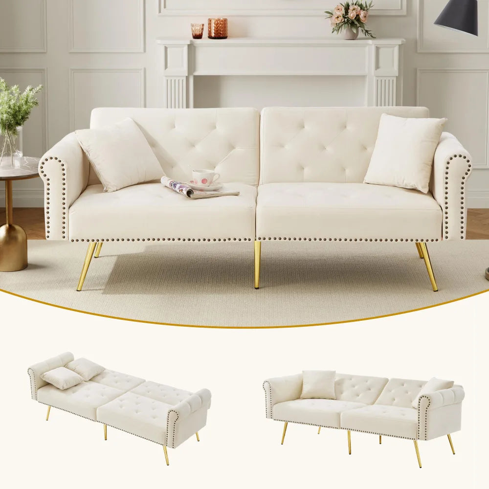 PINGGO Modern 2-Seater Sofa Bed – Velvet Upholstery, 3-Stage Adjustable Backrest & Gold-Plated Metal Feet Stylish Sofa