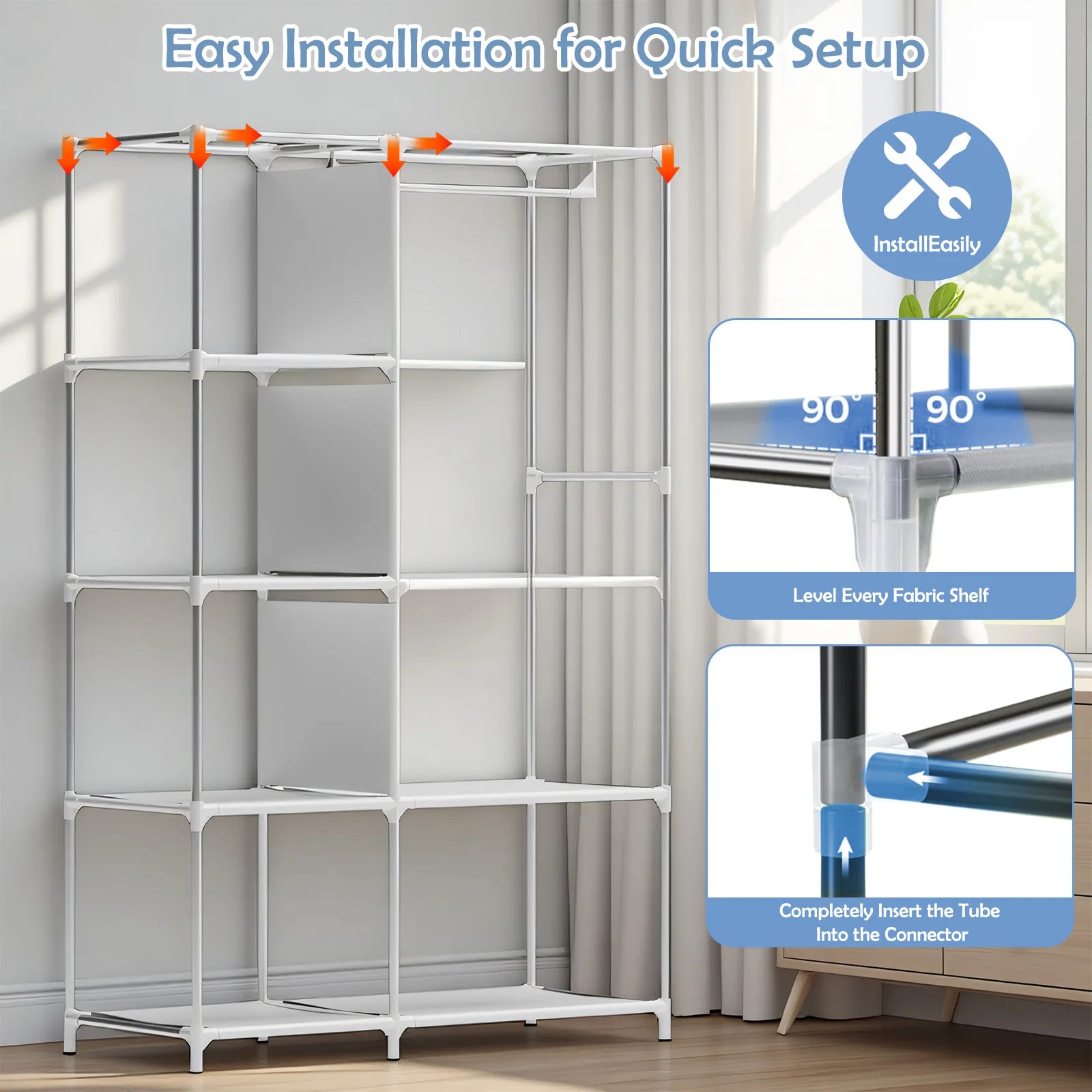 Portable Wardrobe Closet Organizer with Cover Non-Woven Steel Tube Frame 6 Shelves 2 Side Pockets 12mm Easy Assembly for Bedroom