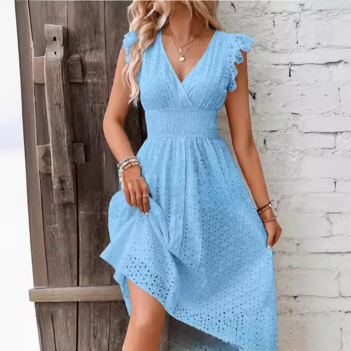 White Lace Fashion Hollow Mini Dress For Women V-Neck Summer Elegant Office Ladies A-Line Dresses Casual Beach Holiday Sundress